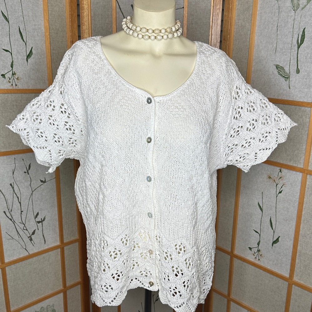 Vintage Jason Maxwell cream or white, short-sleeved, button-front cardigan XL
